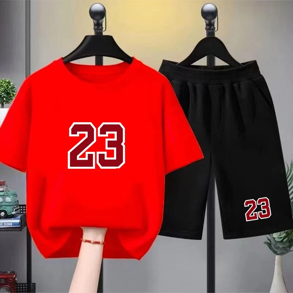 Kids T-shirt Basketball No. 23 Summer Round-Necked Print Boy Girls 3-12Years Top+Shorts Two-piece Set Simple Casual Handsome Set