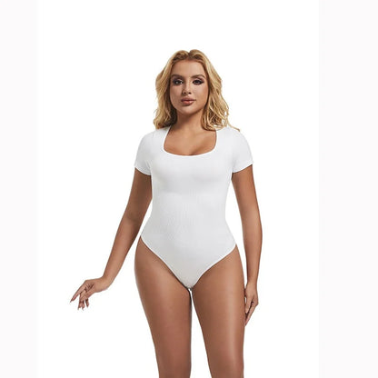 Short Sleeve Open Crotch Big U Neck Seamless Shapers Spandex Elastic Body Suit Shapewear Women Body Shaper Tummy Control