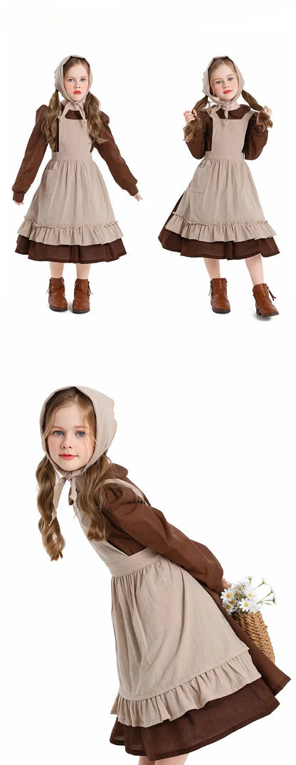 Kids Poor Clothes Cosplay Cinderella Maid Costume Colonial Farm Village Girl Pioneer Prairie Dress