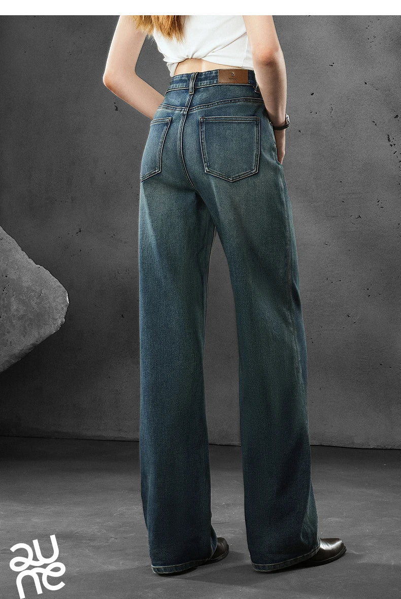 Women Denim Jeans 2025 Autumn New Lycra Stretch Straight Wide Leg Long pants