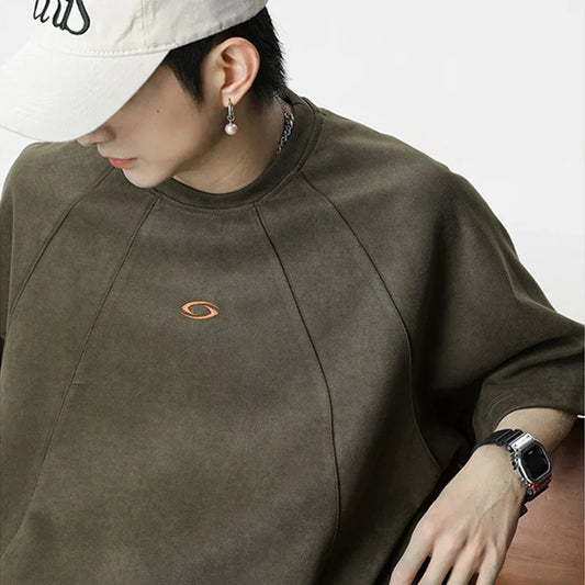 Brand Splicing Suede Male T Shirt 2026 Summer New American Vintage Short Sleeve T-shirts Man Solid Color Mens Clothing
