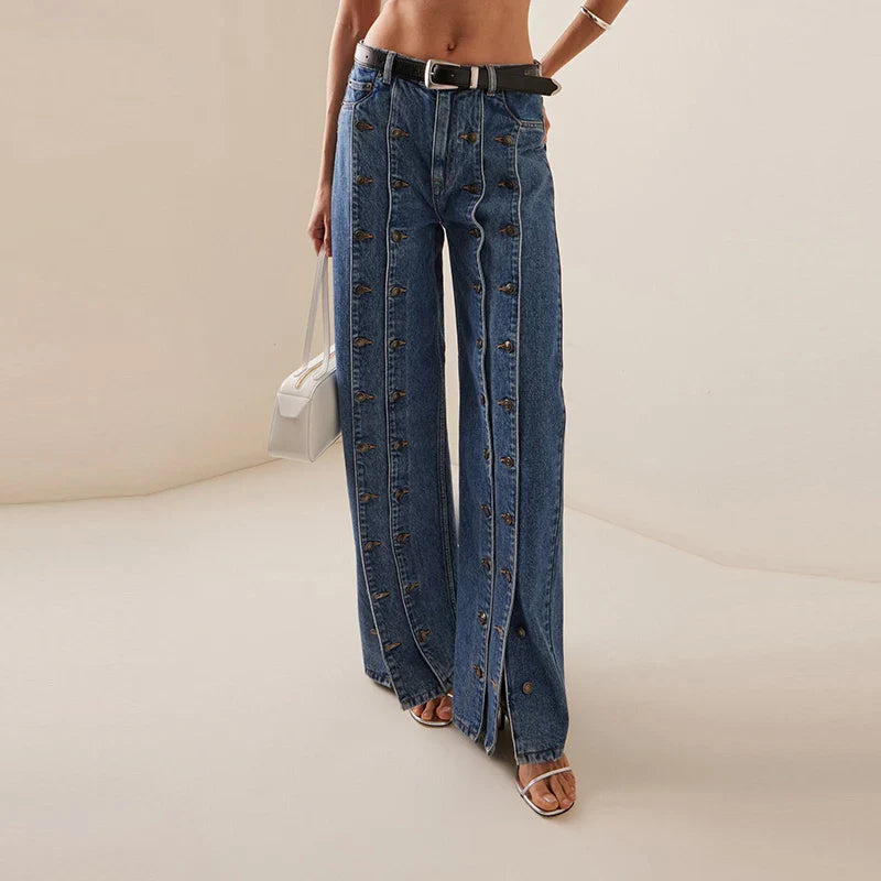 Spring Autumn Womens Stylish Button Jeans Pants 2025 New Vintage Denim Long Trousers Woman Fall Bottoms Clothes