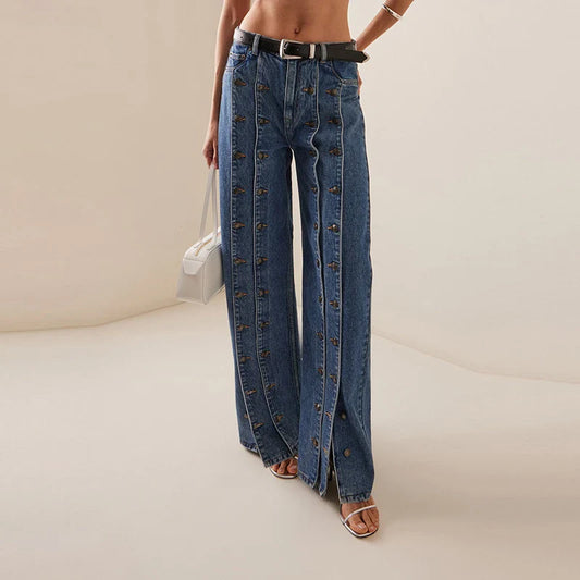 Spring Autumn Womens Stylish Button Jeans Pants 2025 New Vintage Denim Long Trousers Woman Fall Bottoms Clothes