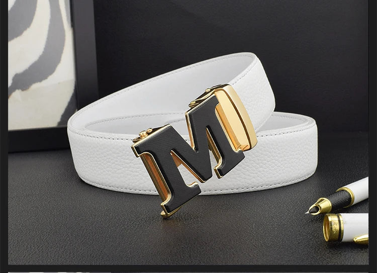 High Quality Designers Letter M White Leather Belt Men Luxury Famous Young Men Cowhide  Brand Jeans Relaxed Jeans Mode Man Belt