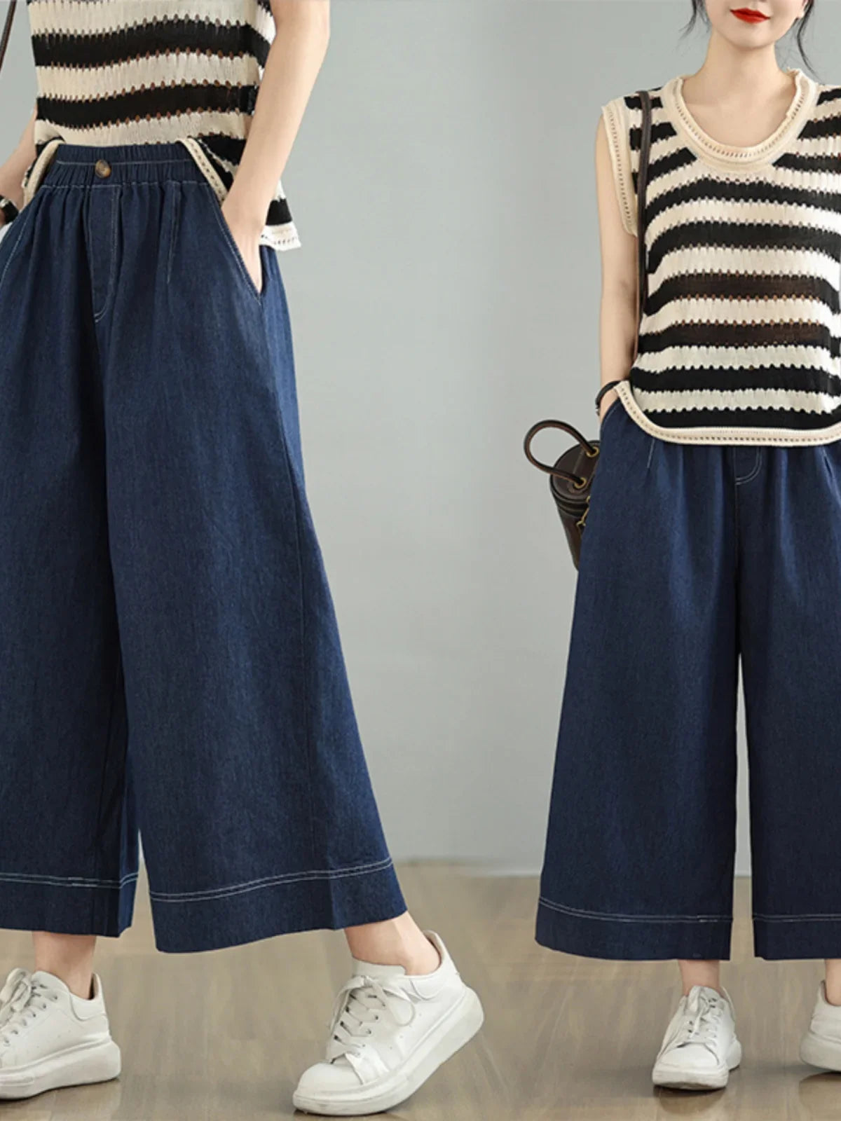 Spring 2026 plus Size Elastic Waist Denim Pants Women's Loose Wide Leg Casual Nine Point Skirt Pants High Waist Blue Jeans