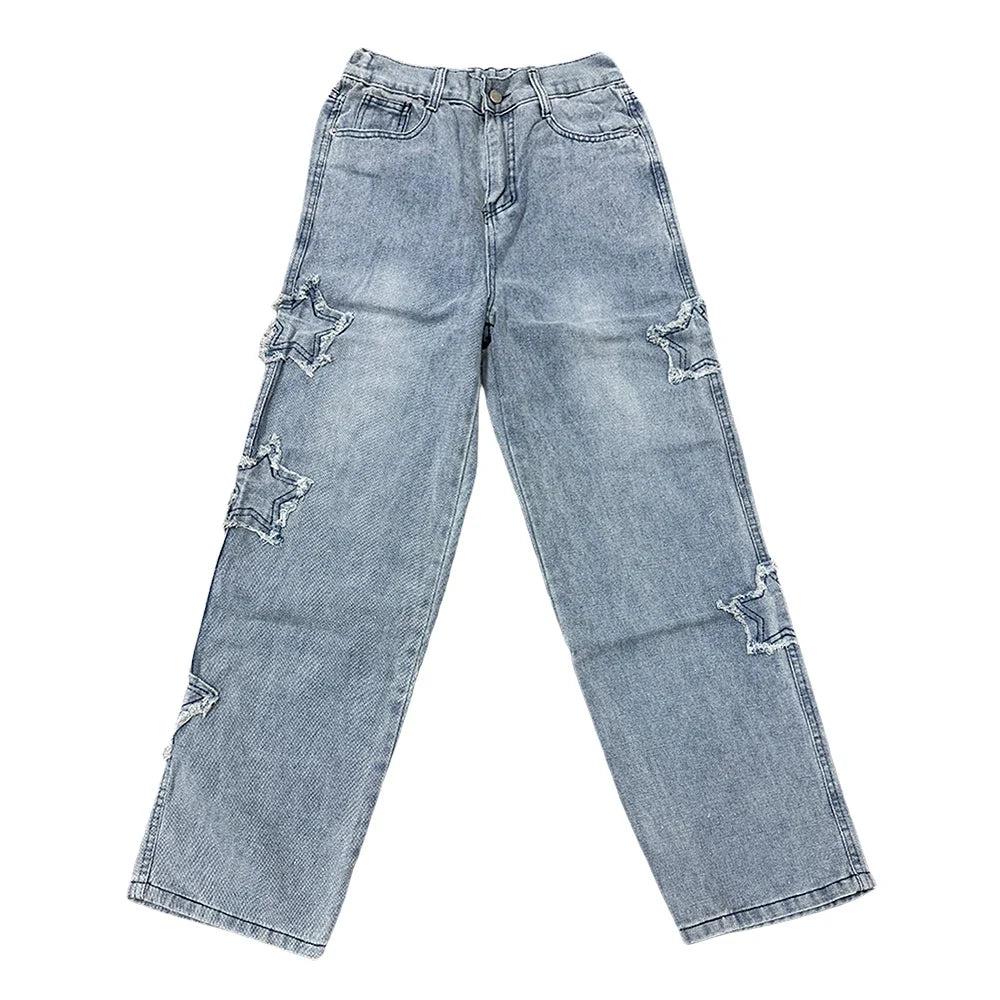 Star Embroidery Straight Casual Men Jeans Gothic Neutral New Wide Leg Loose Hip-hop Fashion Youth Streetwear Denim Trousers Y2K