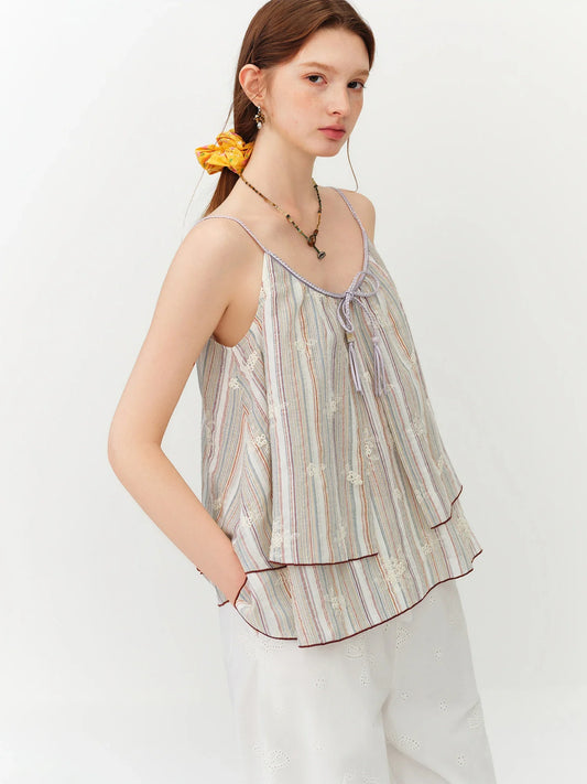 Elegant Cottage-Style Color Stripe Embroidery Braided Shoulder Strap Sleeveless Top - Women's 2026 Summer New Arrival Shirt