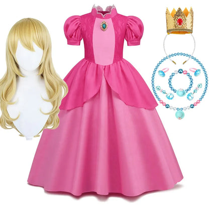 Cosplay Peach Costume for Girl Summer Bubble Sleeve Princess Elegant Dress Kids Halloween Christmas Party Dress Children Clothes