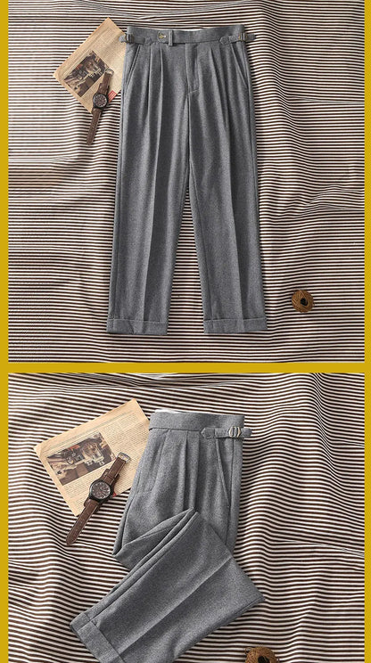 2026 Spring Light Flannel Loose Straight Casual Pants with Italian Parisian Button Adjustment - Customizable Men's Suits
