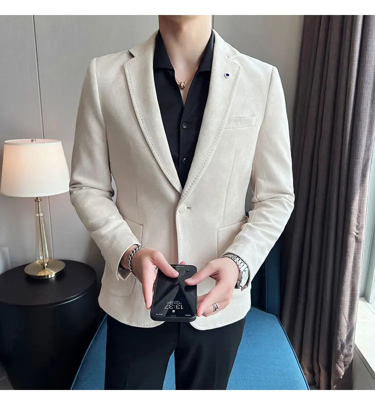 High-quality, fashionable men's stylish, versatile and trendy Korean-style slimming suede business casual suit