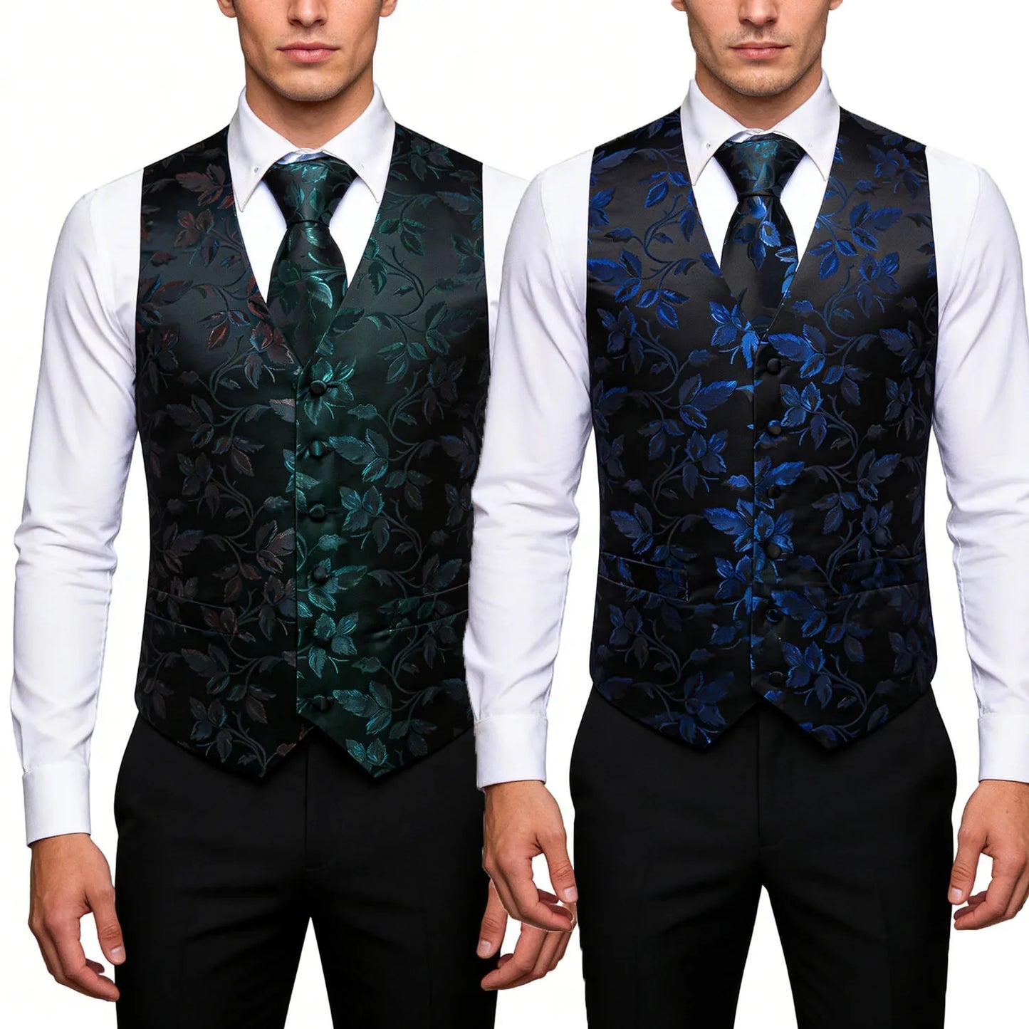 Men's Elegant Floral Vest & Tie Hanky Cufflinks Set – Formal Wine Green Blue Waistcoat for Weddings Events Party Gift
