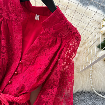 High-End Women's Dress Heavy Embroidery A-Line Long Skirt V-Neck Lantern Sleeve Single Button High Waist Korean Style Commute