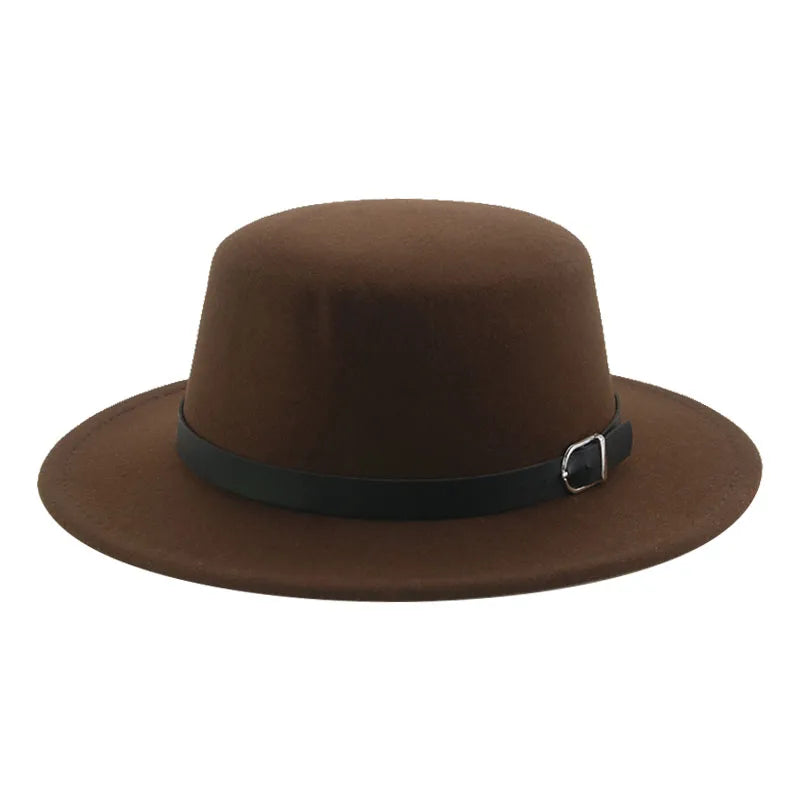 Felted Men Hats Solid Flat Top Belt Band Classic Simple Fedora Hats Khaki Camel Black White Red Casual Formal Dress Winter Hats