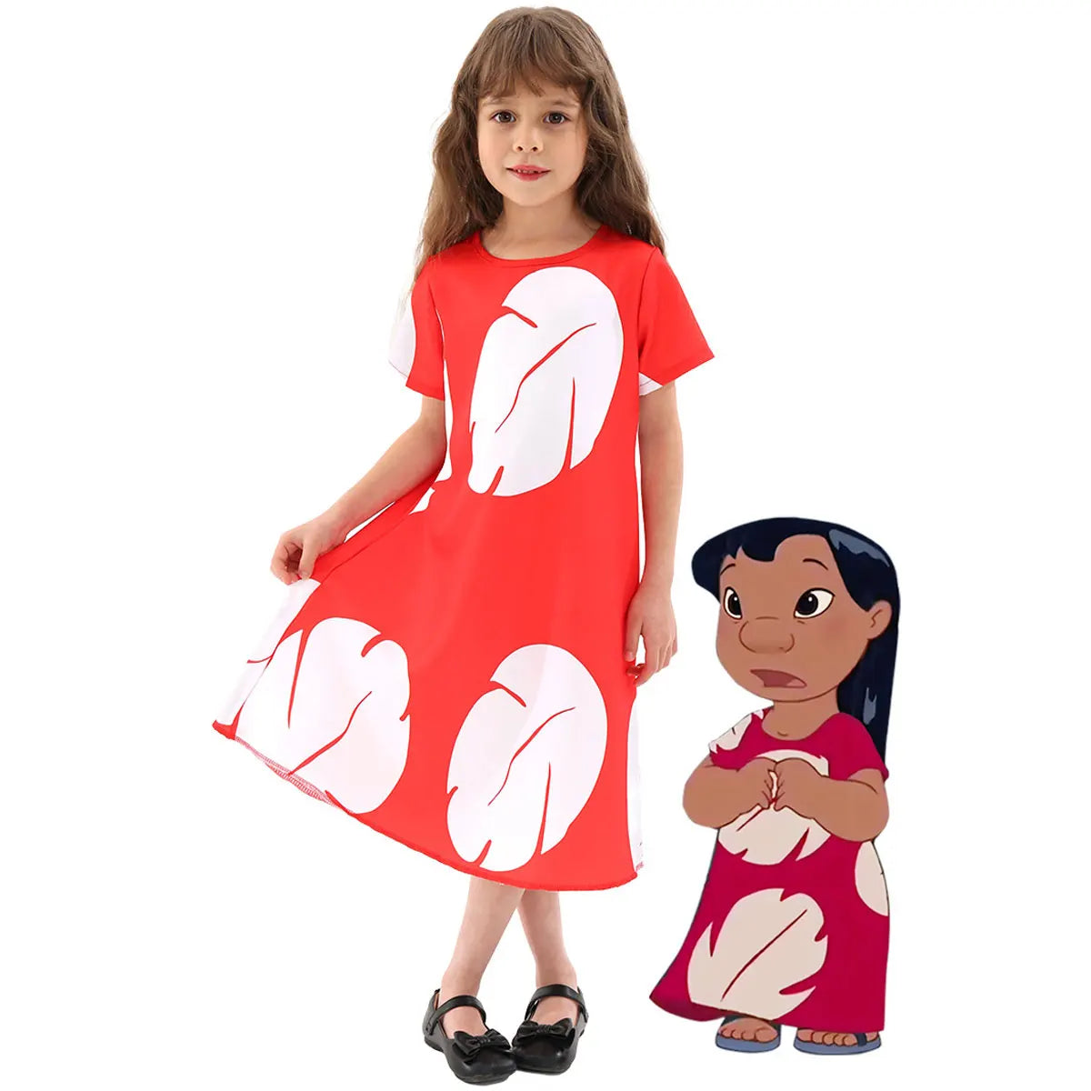 Costume Girl Cosplay Red Dress Short Sleeve Pajamas Hawaiian Printed Dress Summer Beach Outfit + Stitch Doll Set