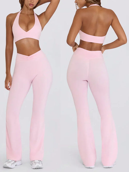 Women's Yoga Suits Camisole Backless Nude Beautiful Back Neck Hanging Bra Flared Pants Fitness Set