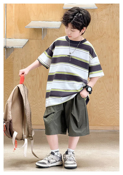 New Arrival Stylish Kids Summer Striped Suit for Teenage Boy Fashion Street Clothing Children Casual T-shirt Shorts 2PCS Set
