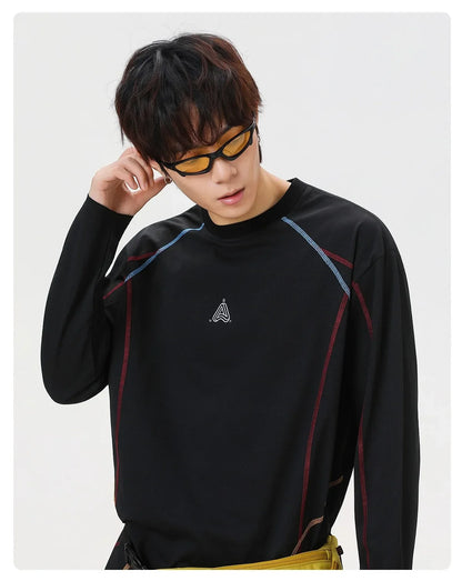 Men's Cool-Touch Contrast Stitch Long Sleeve T-Shirt – Loose Fit Moisture-Wicking Athletic Top for Autumn & Summer Sports