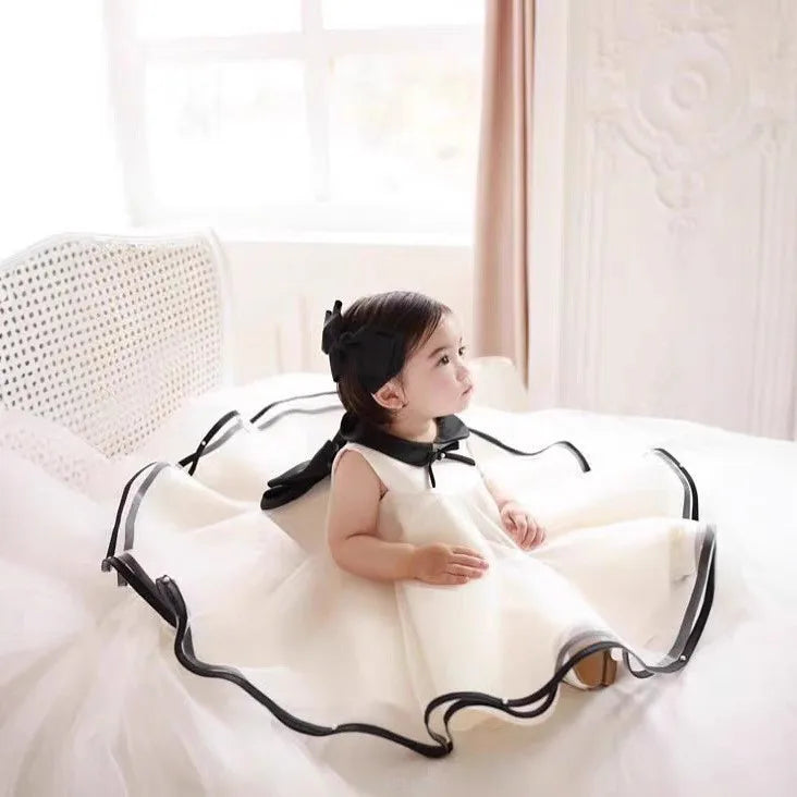 Party Dress Costumes Korean Style Girls Tulle First Birthday Dresses Children Black Bow  Collar Kids Flower Girl Gown Clothes
