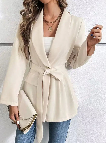 Fashionable Pure Color Long Sleeve Suit Jacket with Belt Waist Cinching Versatile Outerwear for Women Elegant Commute Style