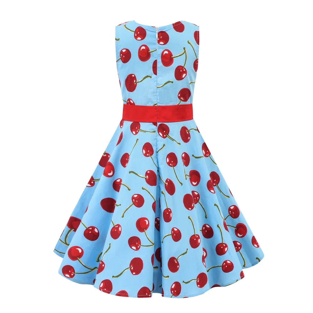 LPATTERN Girls' Vintage Rockabilly Dress Party Retro Polka Dot Floral Pattern A-line Dresses Pleated Skirt Knee-Length for 4-10Y