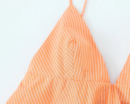 Women Summer Orange Striped Backless Zipper Mini Dress Thin Straps V-Neck Female Chic Lady Dresses Vestidos Para Mujer