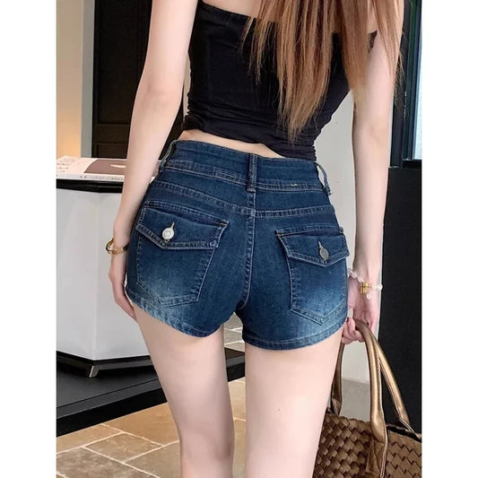 American Retro Deep Blue Low Waist Denim Shorts Women Summer 2026 New Style Slimming Hot Pants Tight Butt Short Skirt