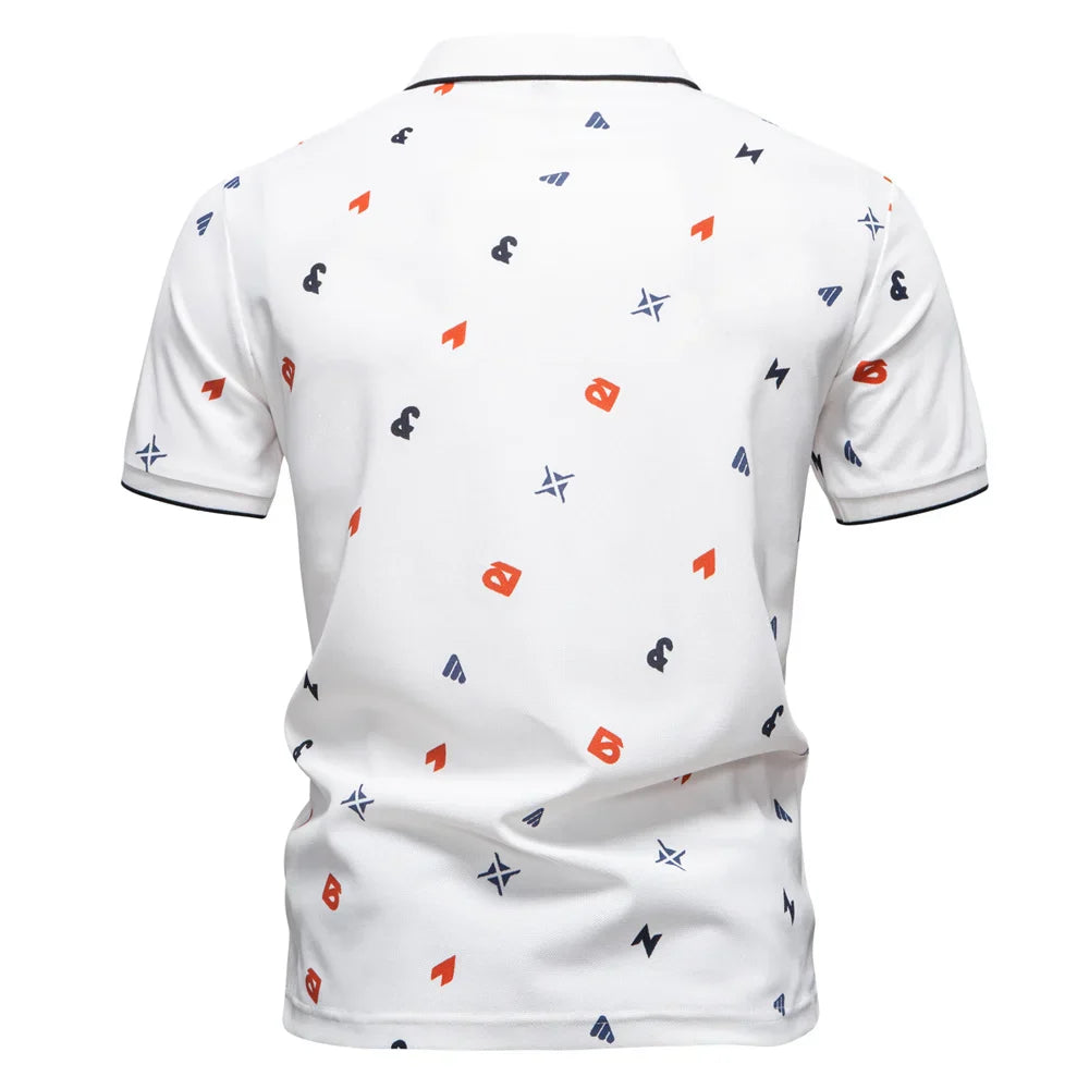 ‌2025 Summer New Men's Solid Color Polo Shirt with Printed Turn-Down Collar Casual Slim Fit Breathable Comfortable Top‌