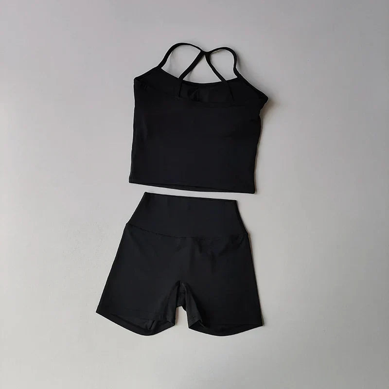 Women's yoga exercise set, popular slim shoulder yoga vest paired with high waisted, waist hugging, naked yoga three part shorts