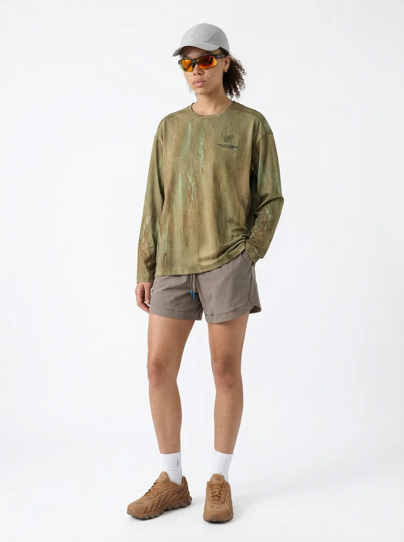 Men's Wasteland Style Long Sleeve T-Shirt - Distressed Digital Print & Loose Elastic Fit Casual Top Unisex