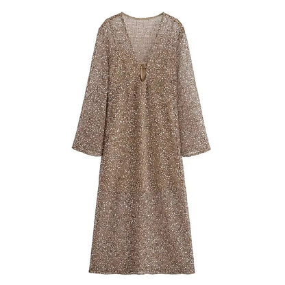 Sexy Sequined Long Pleated Dress Women Deep V-neck Full Sleeve See Through Dresses 2026 Summer Lady Party Evening Dresses ﻿