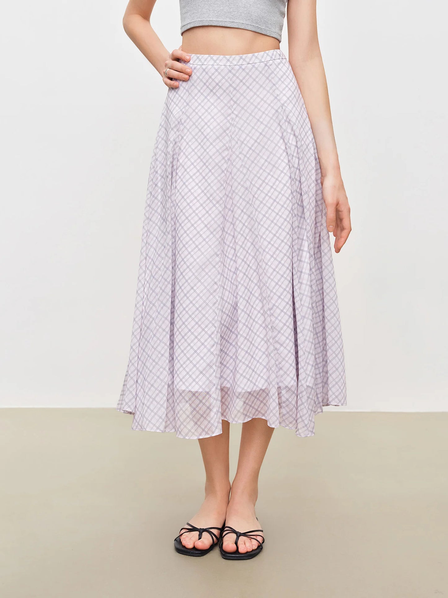 2026 Summer Women's Lilac Plaid High Waist A-Line Skirt for Daily and Resort Wear