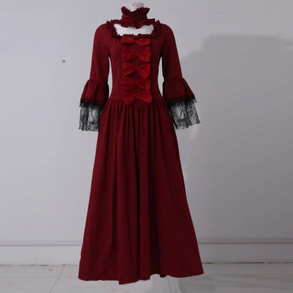 Medieval Victorian Court Lace Patchwork Gothic Dress Halloween Witch Cosplay Party Costume Square Neck Flare Sleeve Maxi Dress