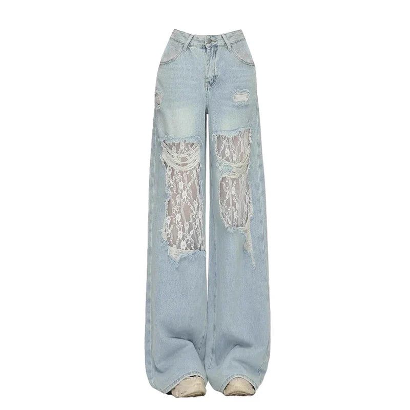Women's Lace Hollow Out Baggy Jeans Vintage Destroyed Holes Raw Edge Wide Leg Denim Pants Casual Korea Everyday Wear