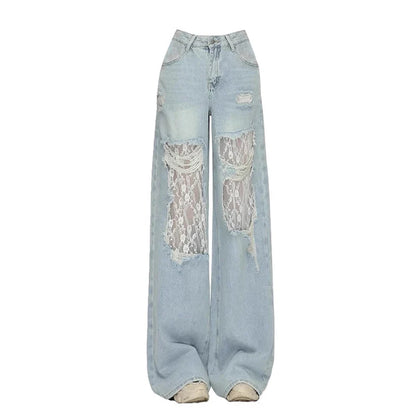 Women's Lace Hollow Out Baggy Jeans Vintage Destroyed Holes Raw Edge Wide Leg Denim Pants Casual Korea Everyday Wear