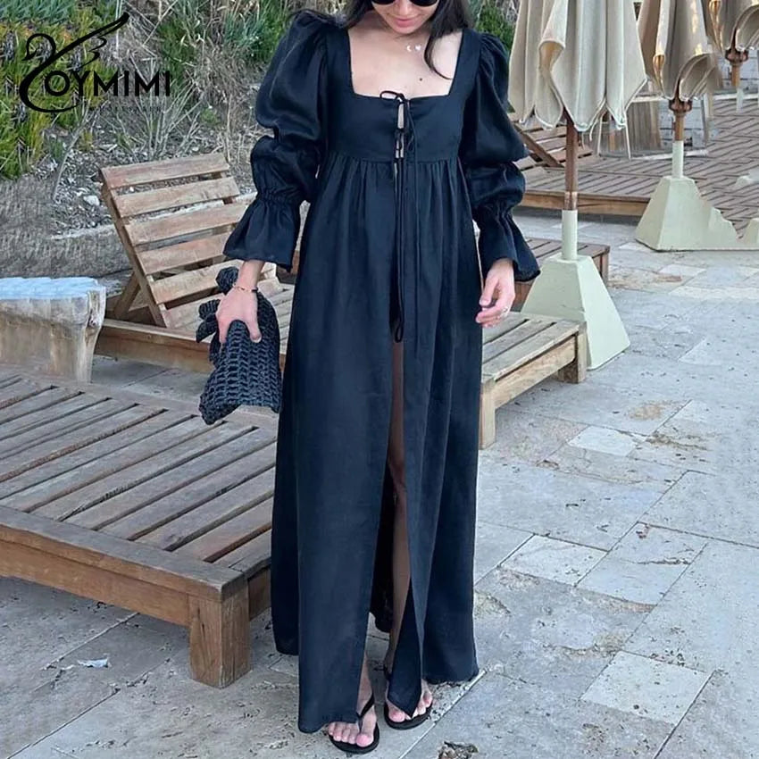 Fashion Black Lace-Up Dresses 2025 Woman Elegant Square Neck Long Sleeve Dresses Casual High Waisted Ankle-Length Dress