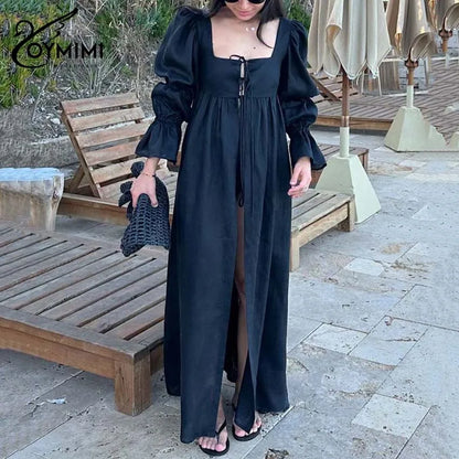 Fashion Black Lace-Up Dresses 2025 Woman Elegant Square Neck Long Sleeve Dresses Casual High Waisted Ankle-Length Dress
