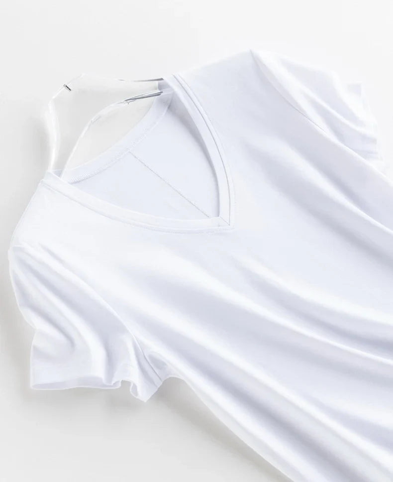 Women Solid T Shirt, Silk Cotton Blend, Square Collar, Short Sleeves Chic Shirt 2025 Spring Summer Cozy Top