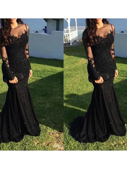 Mermaid / Trumpet Evening Gown Sparkle Dress Homecoming Sweep / Brush Train Long Sleeve Illusion Neck Lace with Appliques 2023
