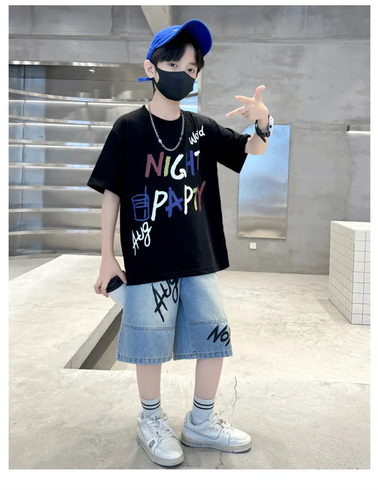 Luxurious Boys Set Summer Outfit Suit Age 5 6 7 8 9 10 11 12 13 14 Years Child Clothing Set Kids Letter T-shirt and Denim Shorts
