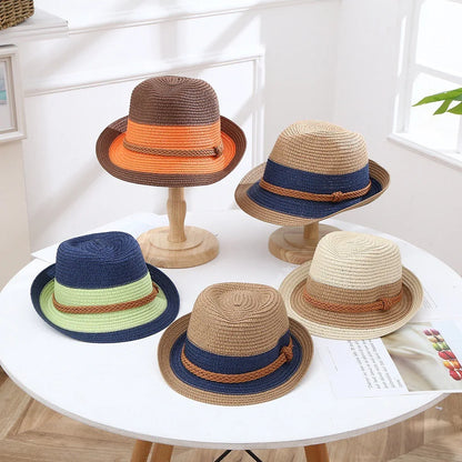 Classic Nostalgic Striped Straw Hat for Outdoor Travel Parent-child Fedoras Sun Shading and Sun Protection Denim Hat