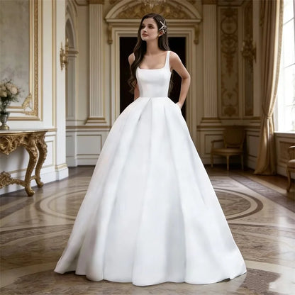 Customized Elegant Simple Satin Wedding Dresses A Line Spaghetti strap Bride Dress Backless vestidos de novia Bridal Gowns
