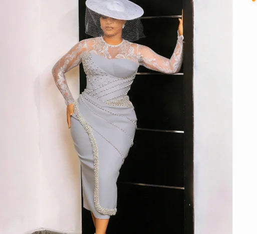 Exquisite Short Wedding Dress O-Neck Lace and Pearl Beaded Tea-Length Bridal Customized Long Sleeves Marriage Satin Gowns