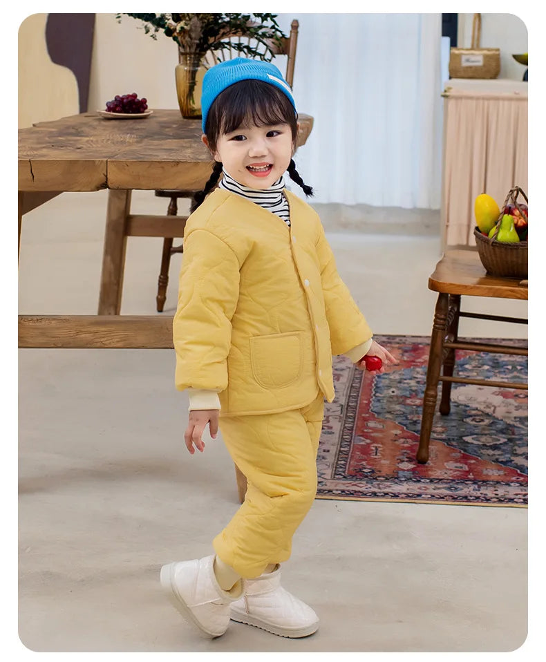Autumn Winter Baby Kids Jackets+Pants Sets Thicken Boys Girls Coat Trousers Warm Windproof Clothes Suit For Children Home Wear