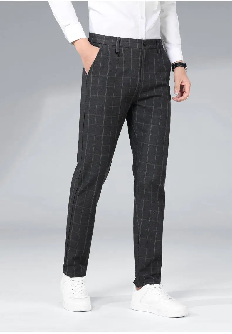 Autumn Winter Men's Business Casual Plaid Pants Korean Fashion Stretch Slim Fit Suit Pants Male Office Formal Versatile Trouser
