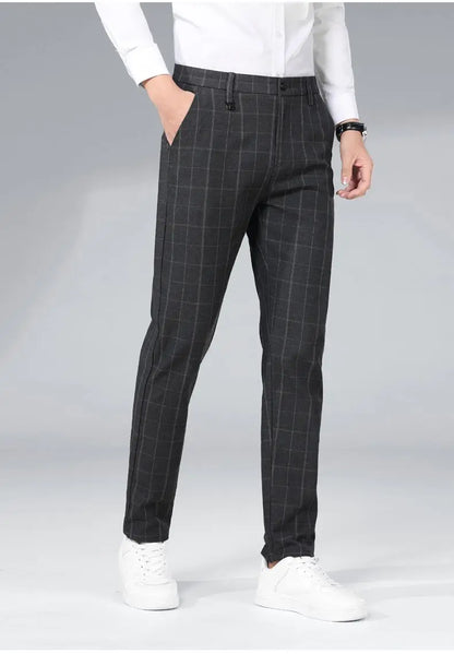 Autumn Winter Men's Business Casual Plaid Pants Korean Fashion Stretch Slim Fit Suit Pants Male Office Formal Versatile Trouser