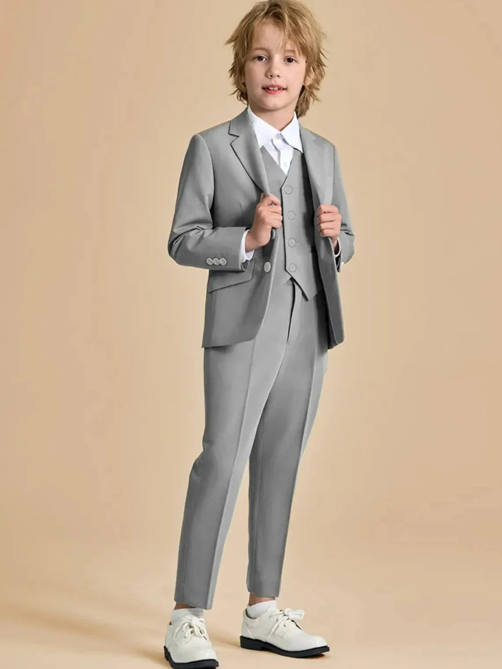 Stylish Grey Kids Formal Suit Set 3 Pieces Wedding Ring Bearer Outfit Elegant Notched Lapel Boys Suits Birthday Party Tuxedo