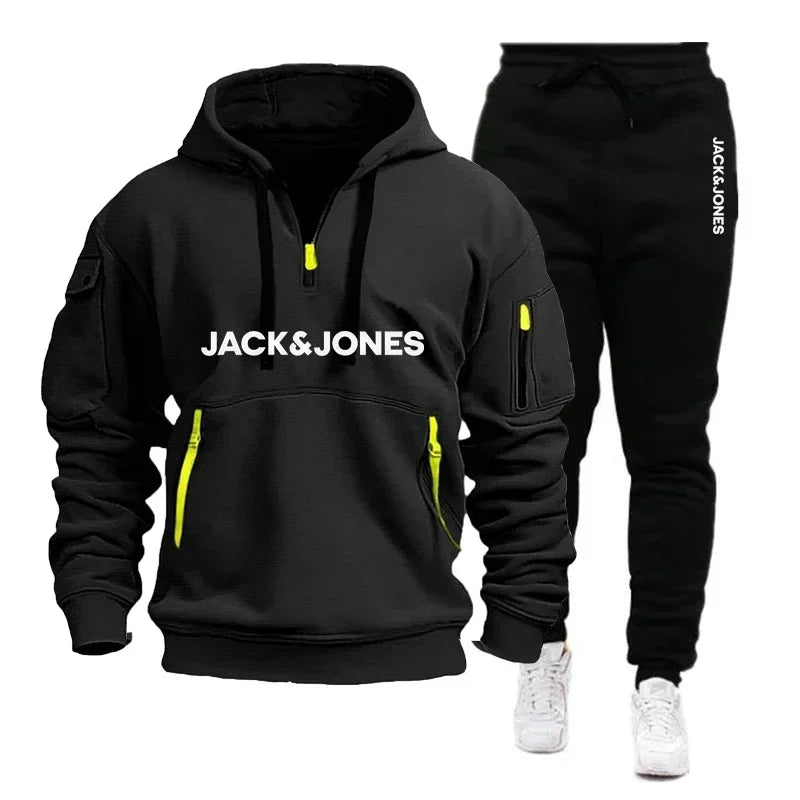 Two sets of men's sportswear for autumn/Winter 2025, including a sweatshirt and two sets of fitness jogging pants with wool caps