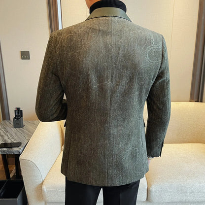 2025 Fashion Leather Neck Spliced Suit Jacket Luxury Men's Business Slim Fit Social Formal Blazers Coats Wedding Groom Tuxedos