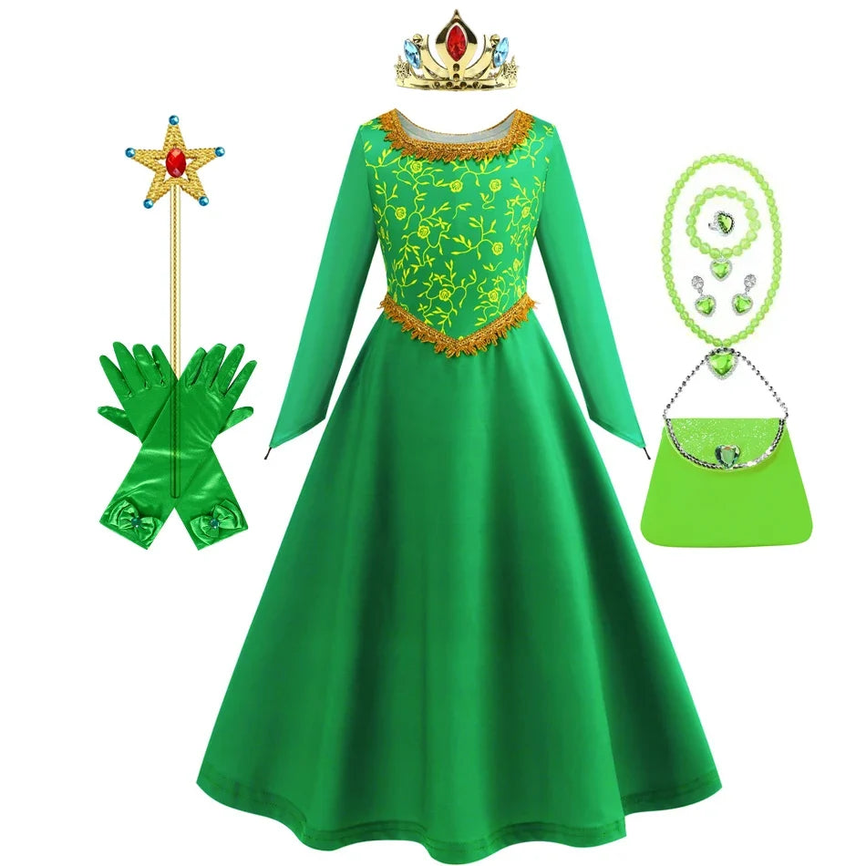 Fiona Dress Halloween Shrek Cosplay Fantasy Dress Up Green Princess Costume Children Elegant Gown Kids Long Sleeve Print Frocks