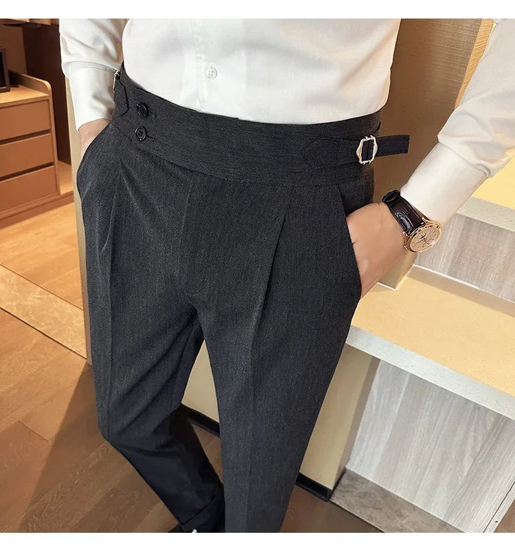 Autumn Winter High Waist Business Dress Pants Men Casual Belt Design Slim Suit Pants Formal Wedding Social Party Male Trousers